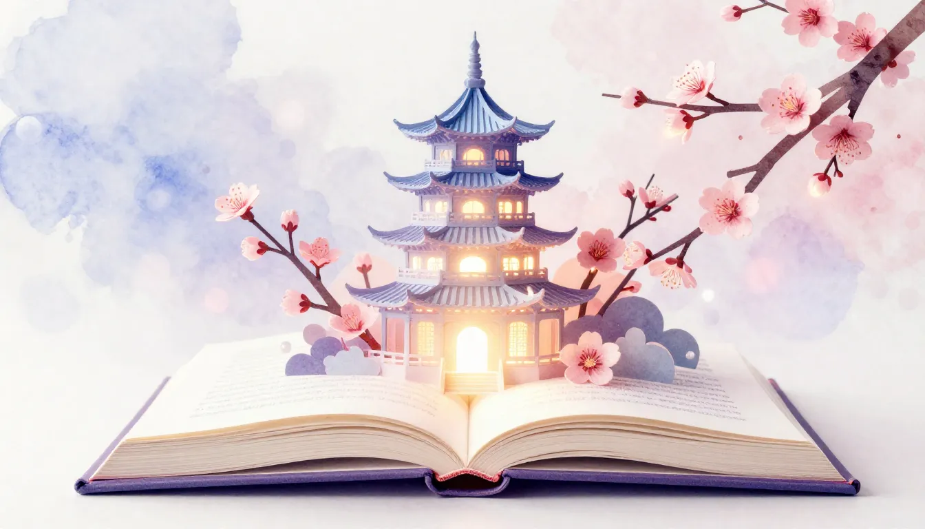 Watercolor style. An open book with a glowing 3D paper-cut p...