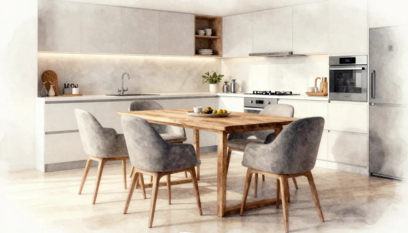 Watercolor style. Modern kitchen interior with elegant desig...