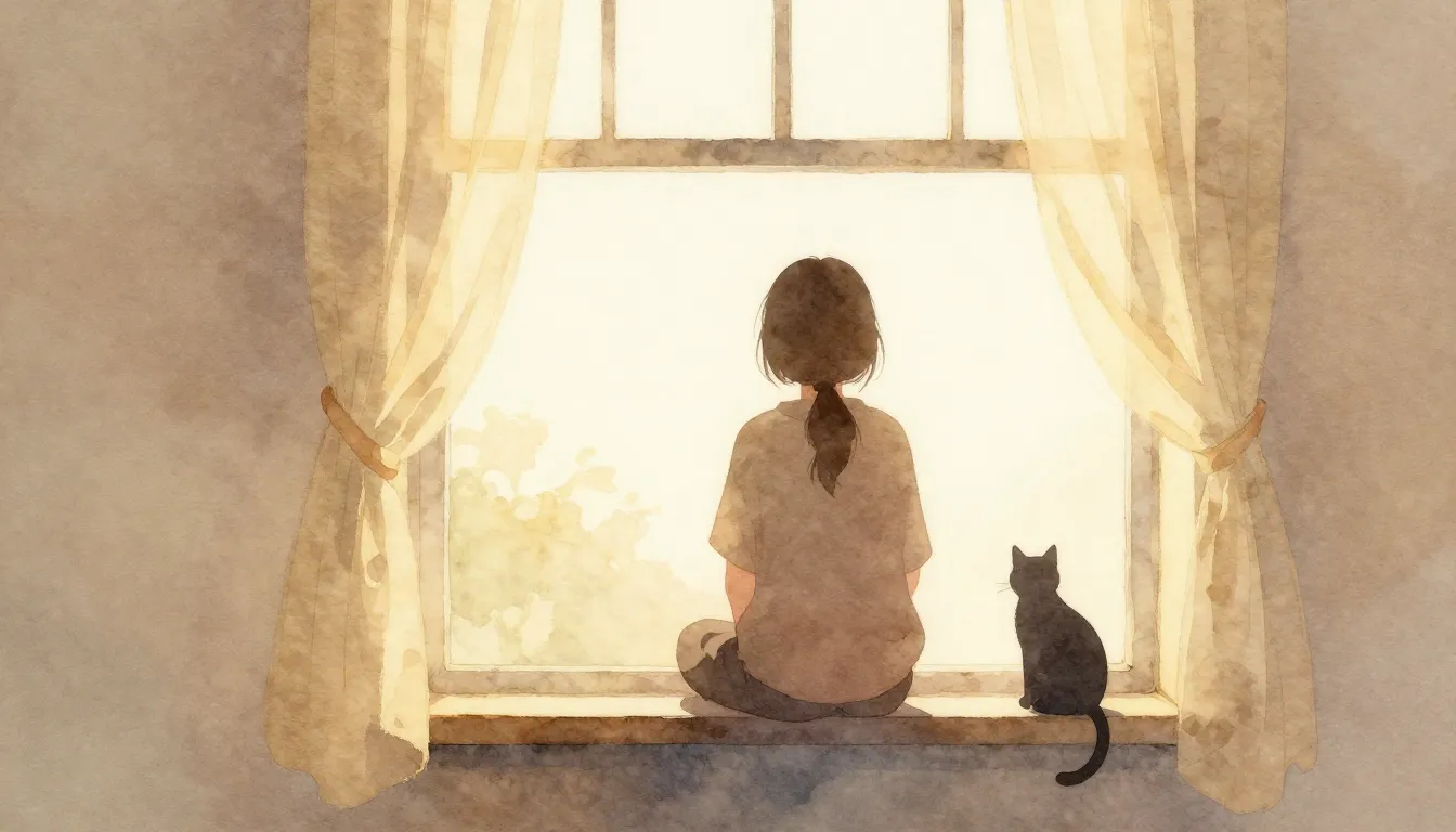 Watercolor style. A silhouette of a person sitting by a wind...