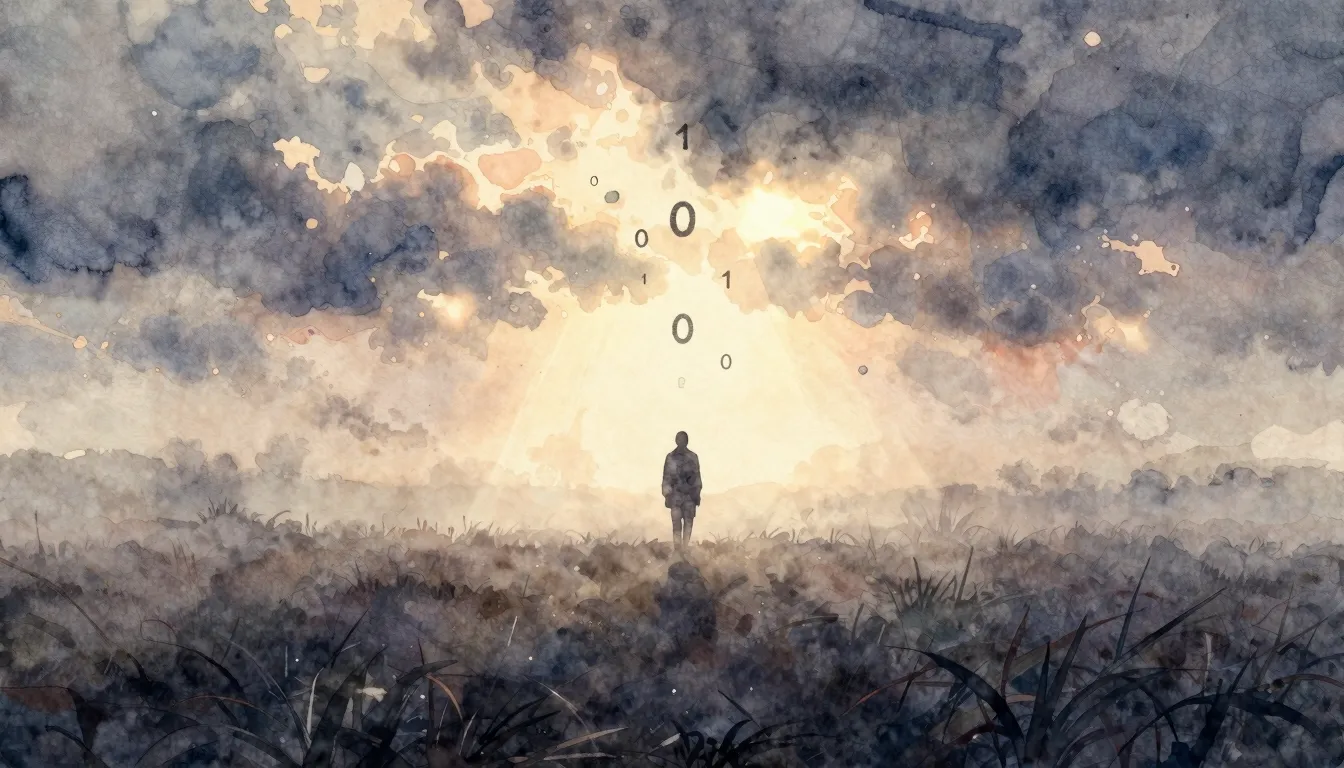 Watercolor style. A vast misty field at dawn, a dark silhoue...