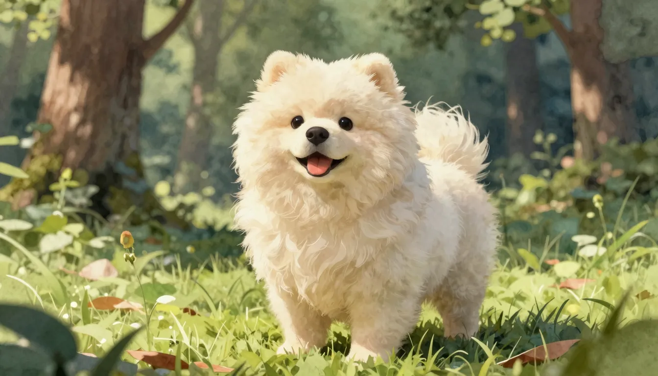 Watercolor style. A very fluffy, bear-like dog with thick cr...