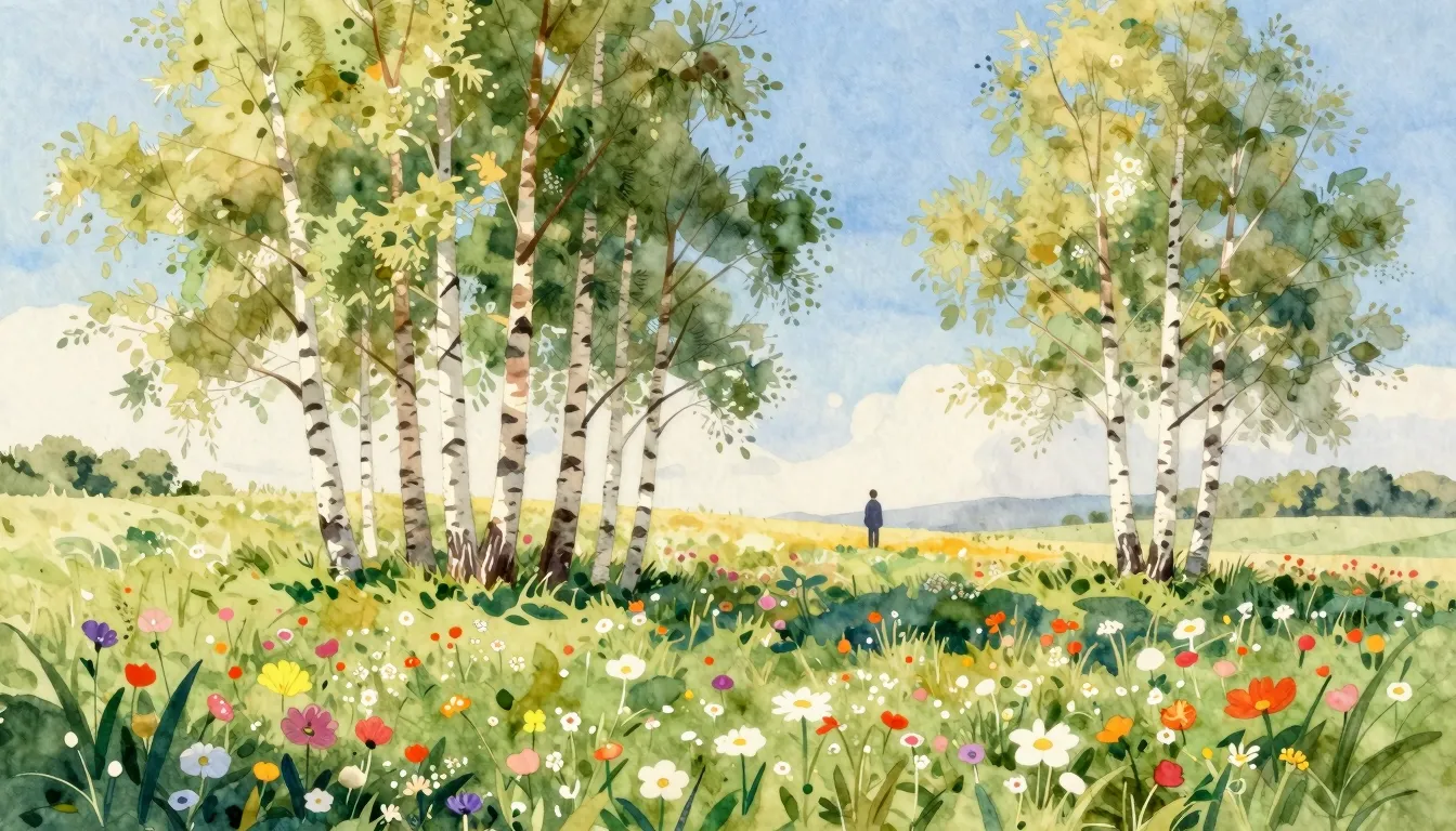 Vibrant watercolor style. A serene landscape of blooming fie...