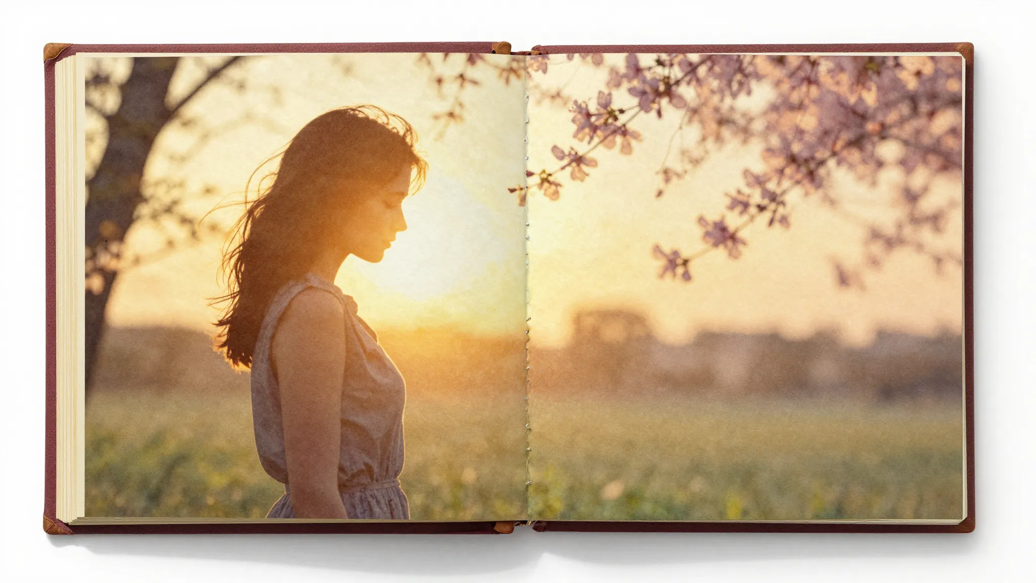 Vibrant watercolor style. Vintage photo album, golden hour l...