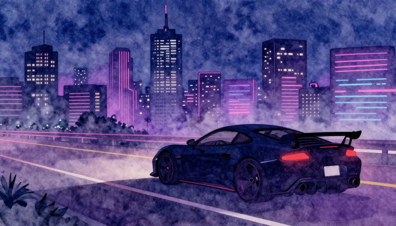 Watercolor style. Neon city skyline at night, silhouette of ...