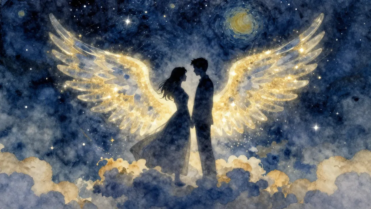 Watercolor style. Silhouettes of two lovers standing on a cl...