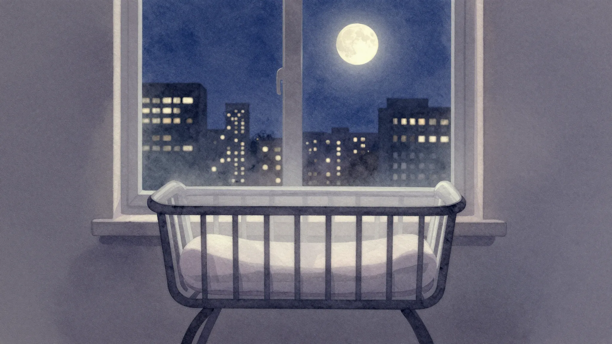 Watercolor style. A silhouette of a baby cradle near a windo...