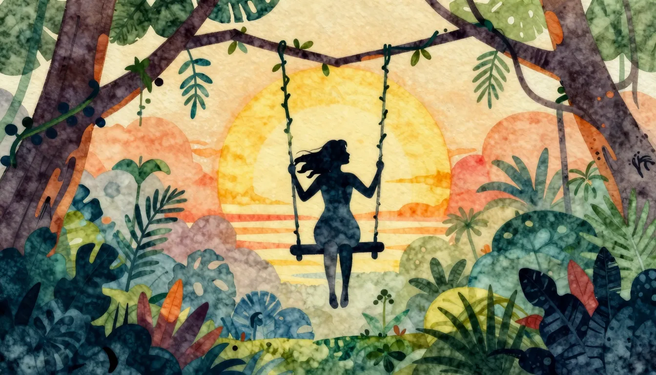 Watercolor style. A silhouette of a young woman joyfully swi...