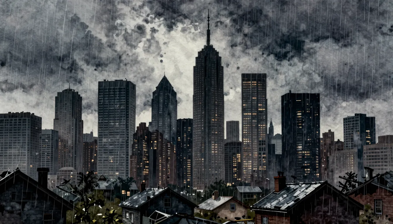 Watercolor style. Dark city skyline, silhouettes of tall lux...