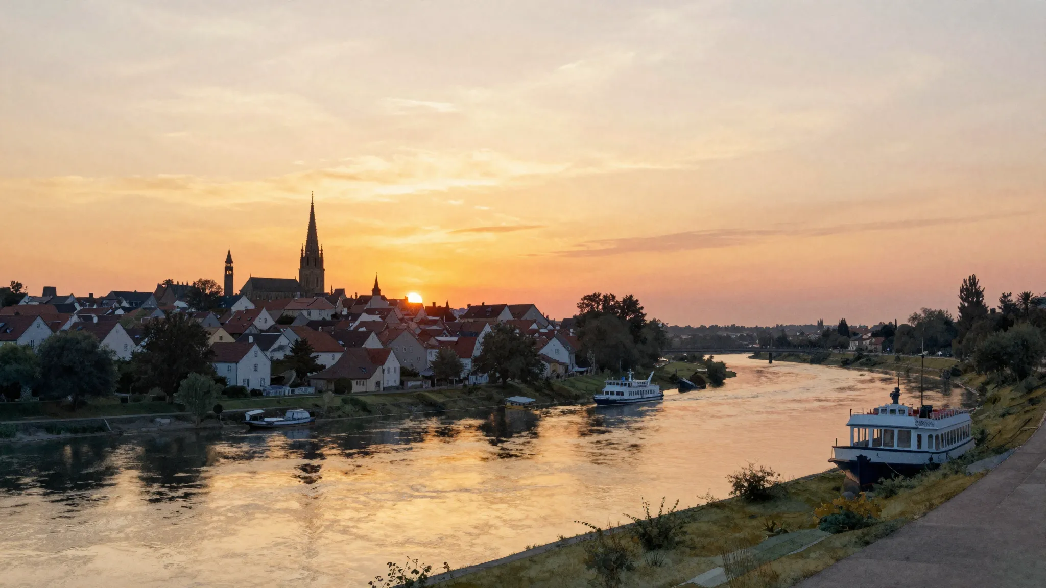 Watercolor style. A beautiful silhouette of a village landsc...