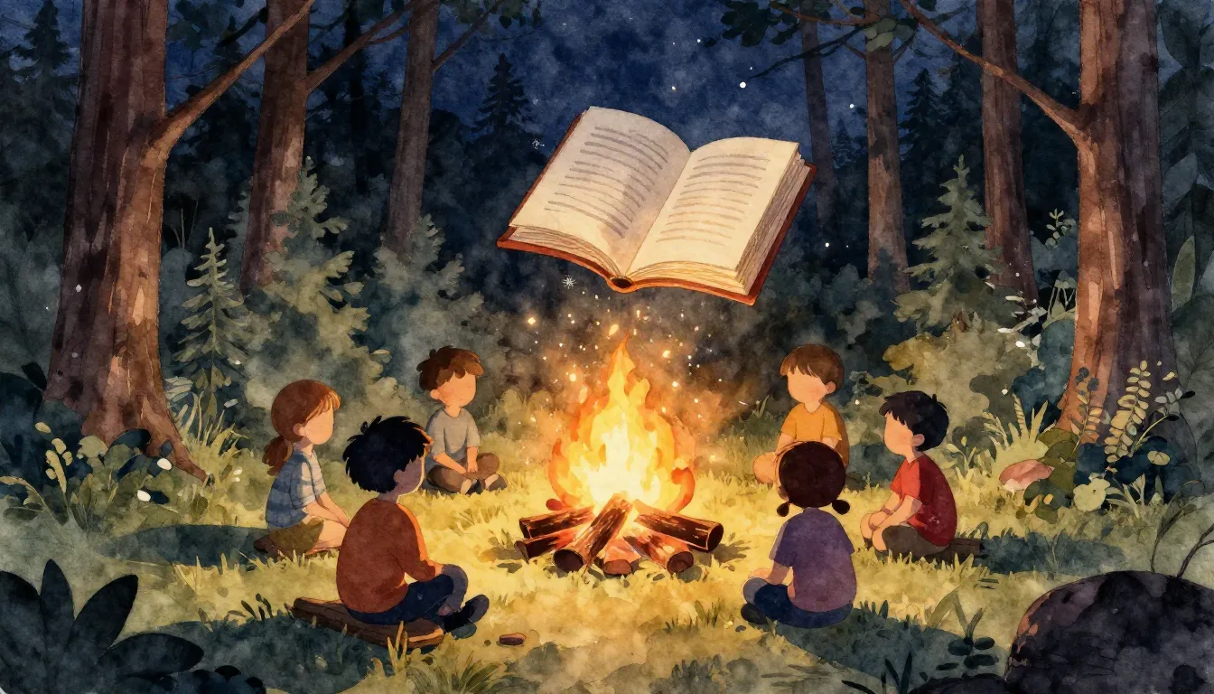 Watercolor style. A cozy campfire in a pine forest at night,...