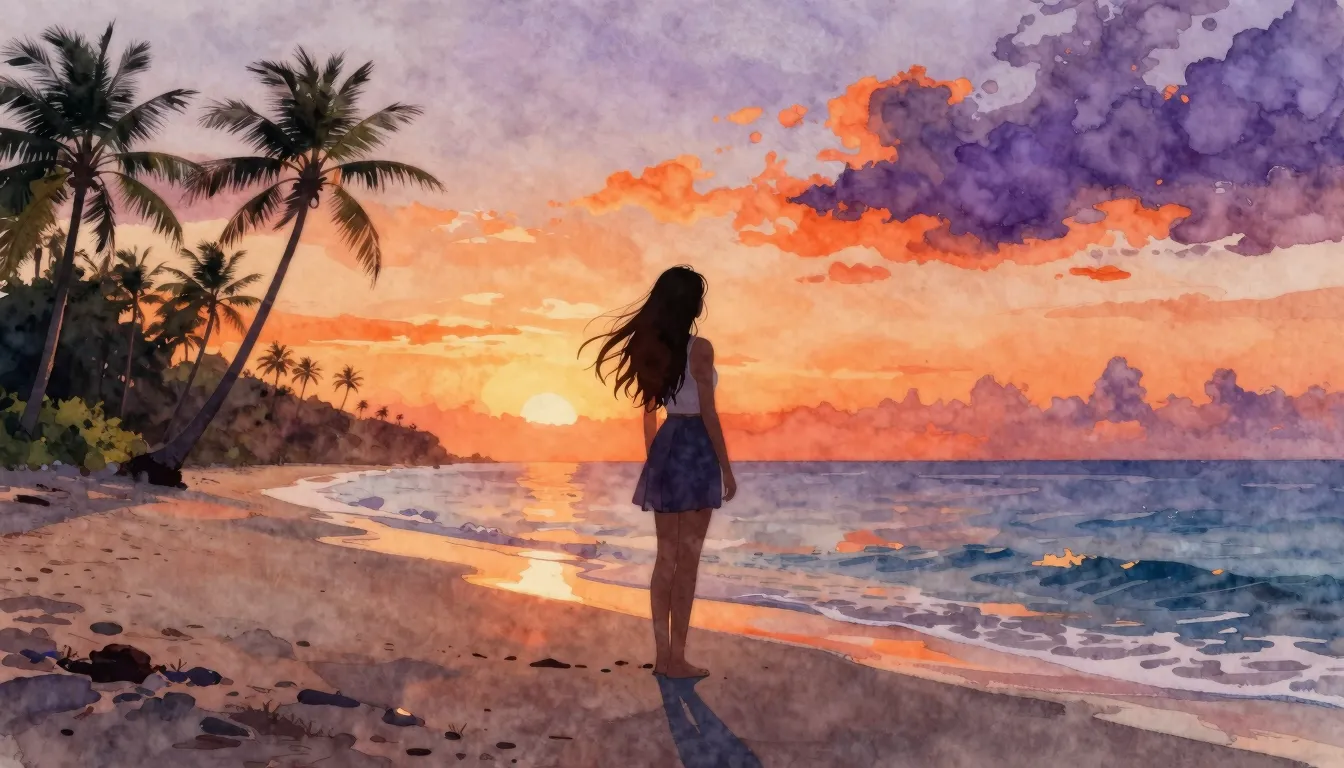 Watercolor style. Silhouette of a girl with long flowing hai...