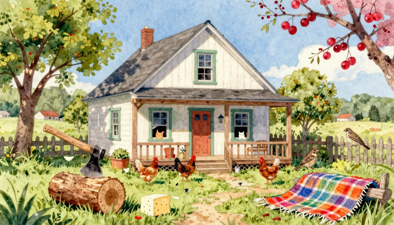Vibrant watercolor style. Country song album cover. Rural ho...