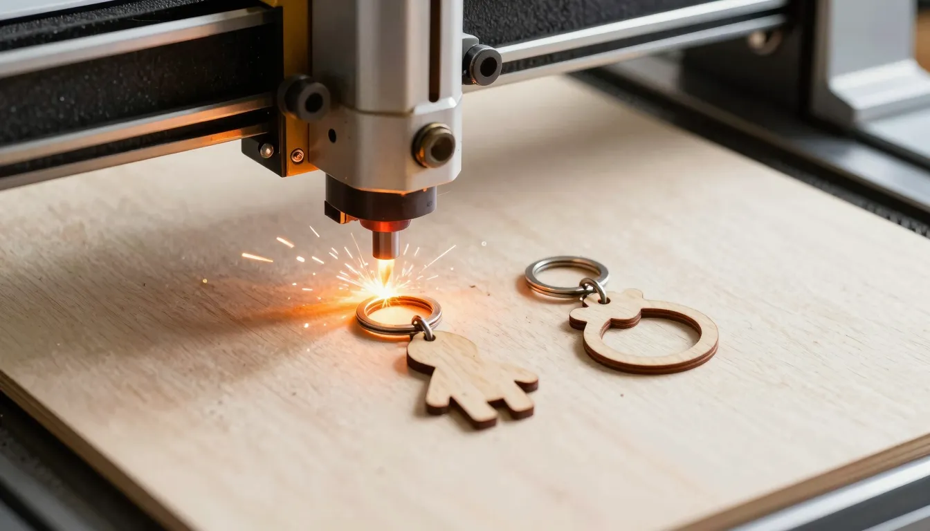 Watercolor style. A laser cutting machine working on a sheet...