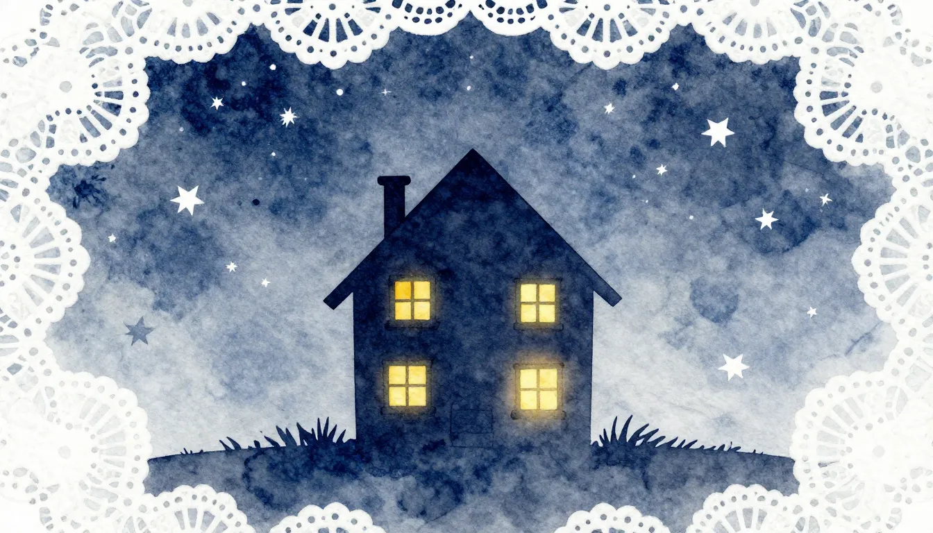 Watercolor style. A silhouette of a cozy house with warm yel...