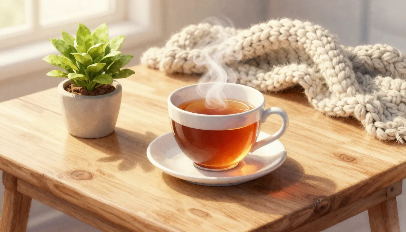 Watercolor style. A cozy wooden table with a steaming cup of...