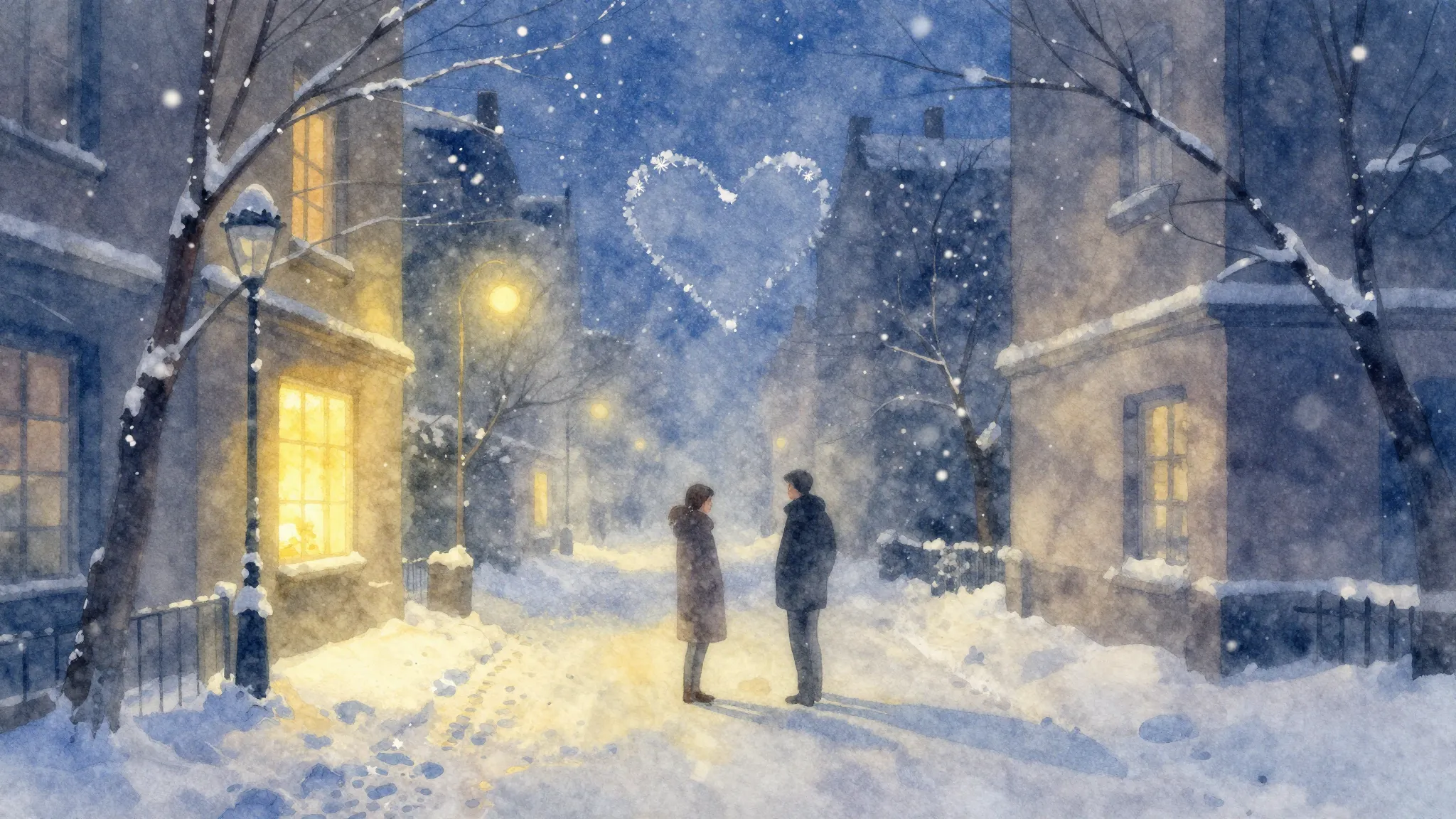 Vibrant watercolor style. A snowy winter night in a city, a ...