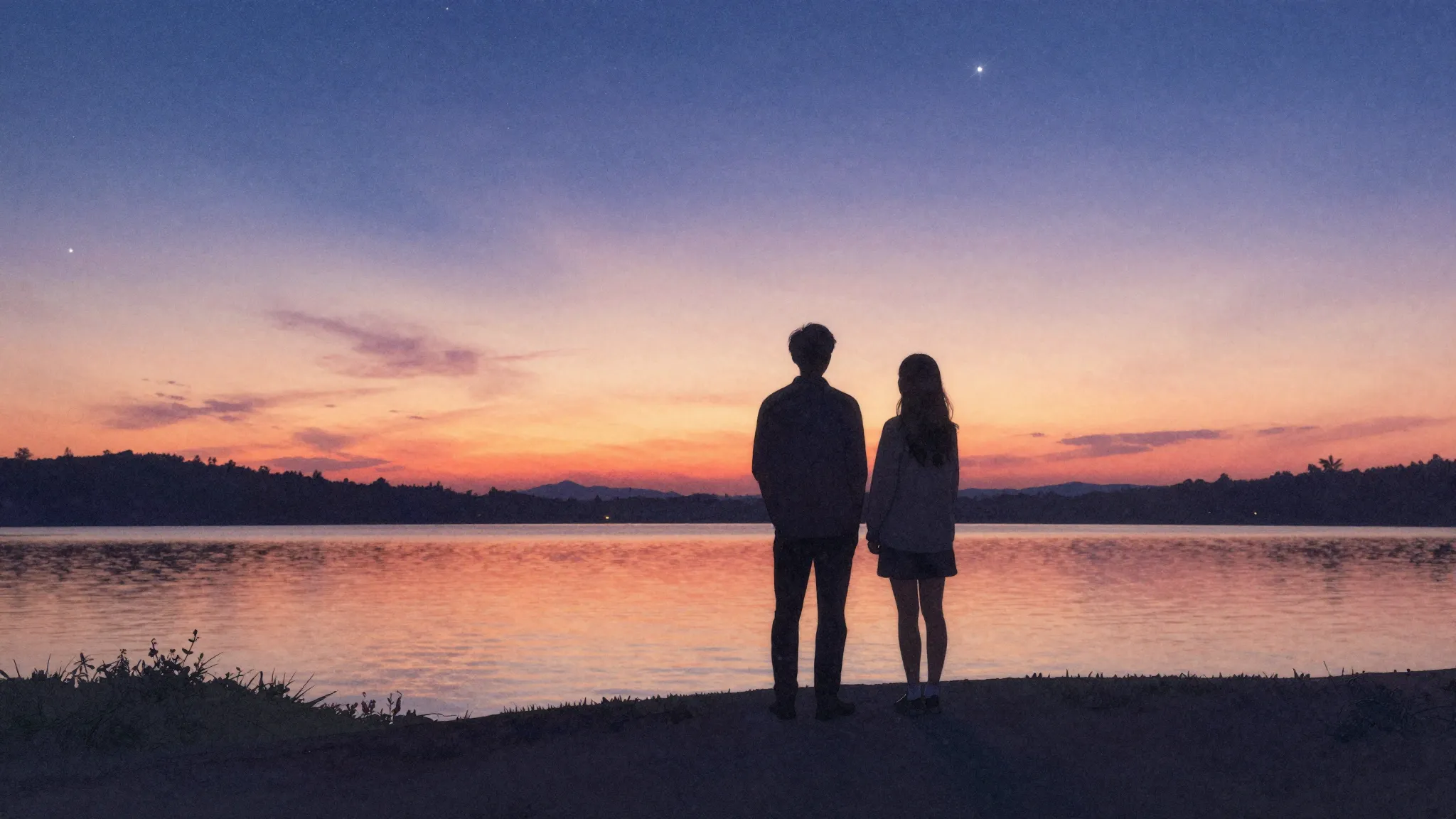 Watercolor style. A silhouette of a couple standing on a hil...