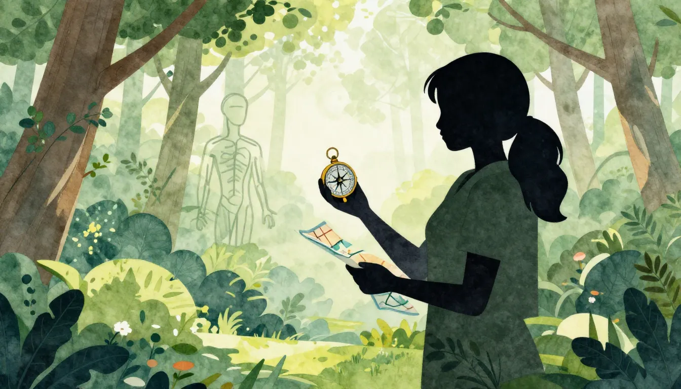 Watercolor style. Silhouette of a woman holding a compass an...