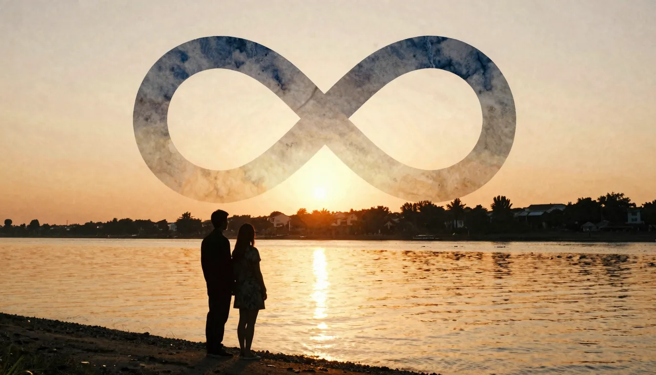Watercolor style. A silhouette of a couple standing on a riv...
