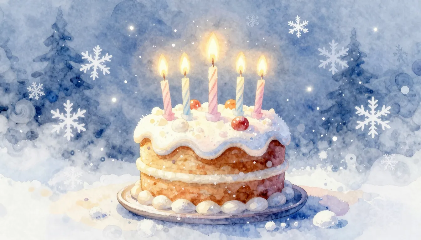 Watercolor style. A festive birthday cake with glowing candl...