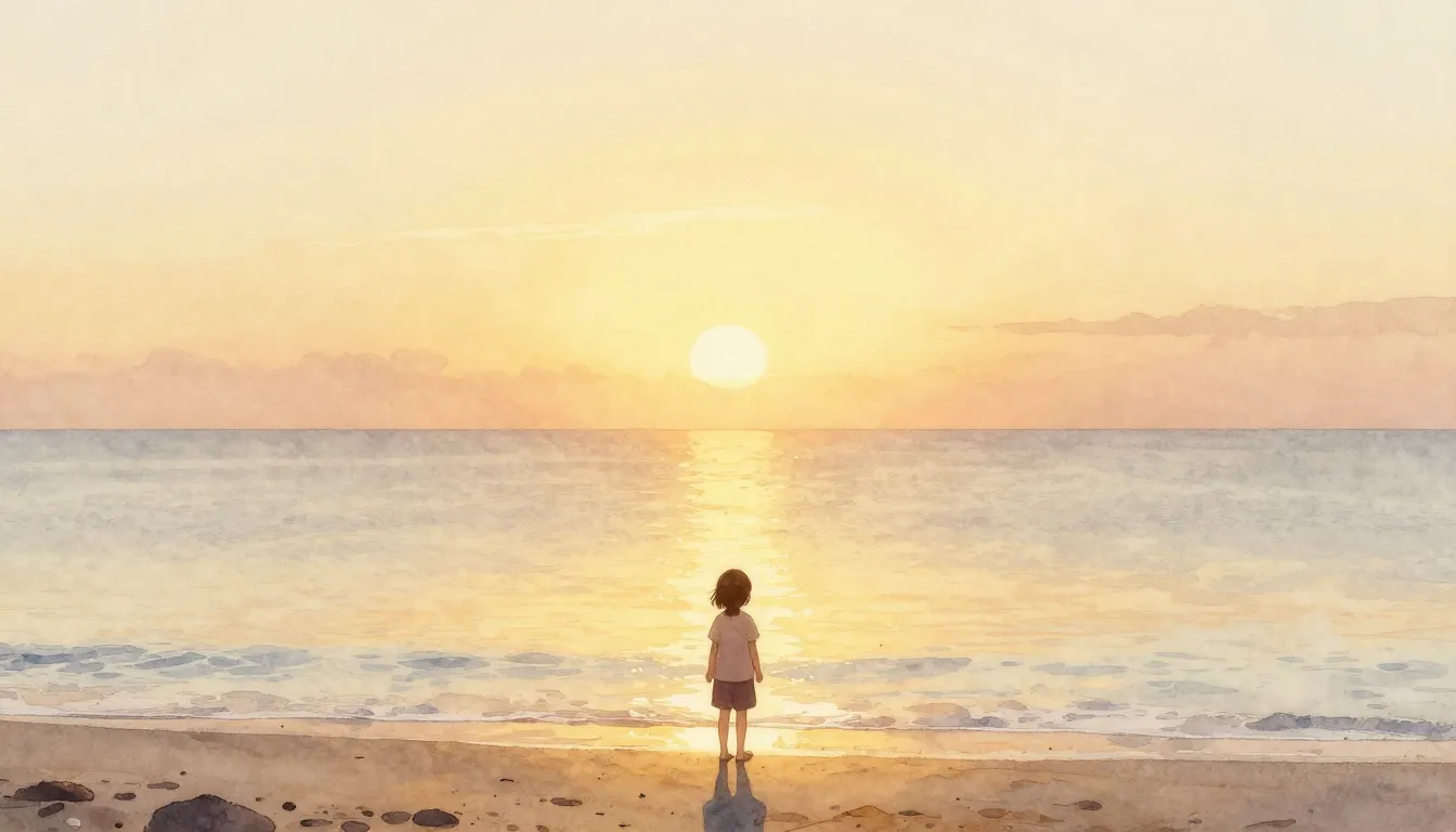 Watercolor style. A soft golden sunset over a calm sea, a sm...