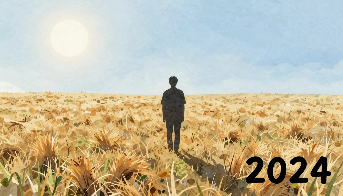 Watercolor style. Silhouette of a person in a field of mown ...
