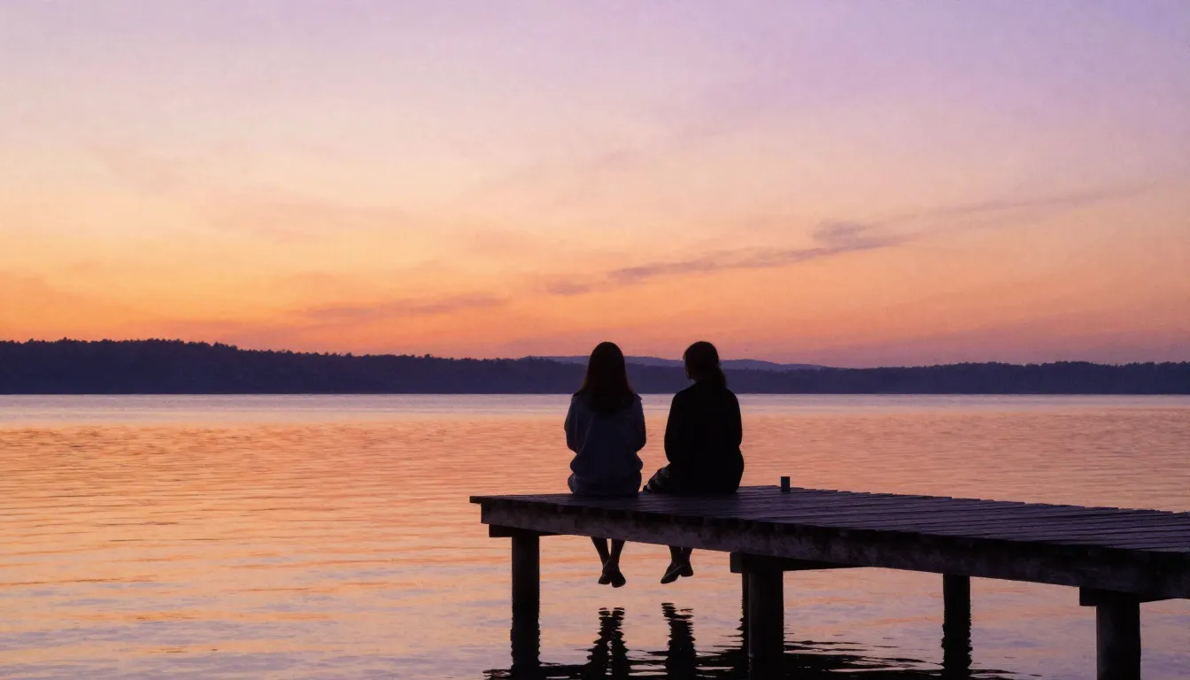 Watercolor style. A silhouette of two friends sitting on a w...