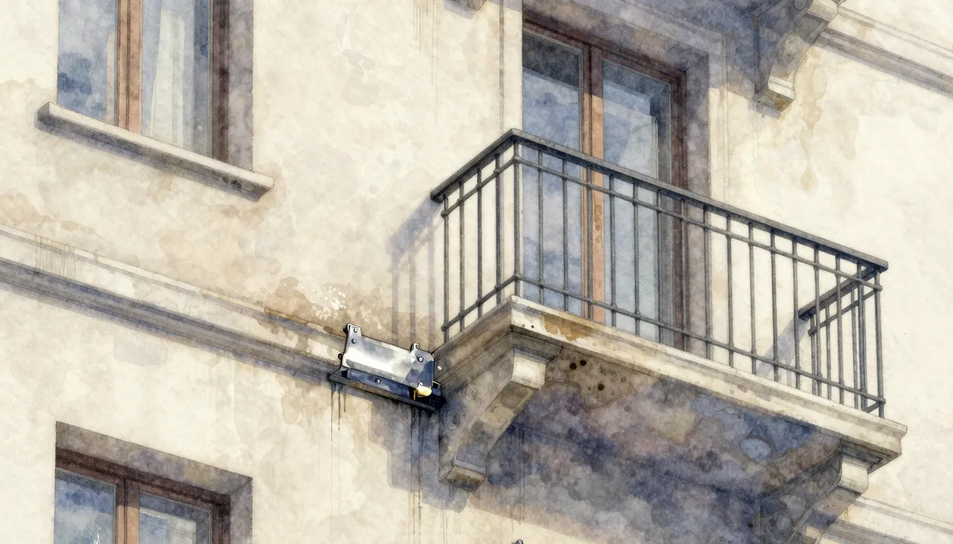 Watercolor style. Close-up of a building exterior wall with ...