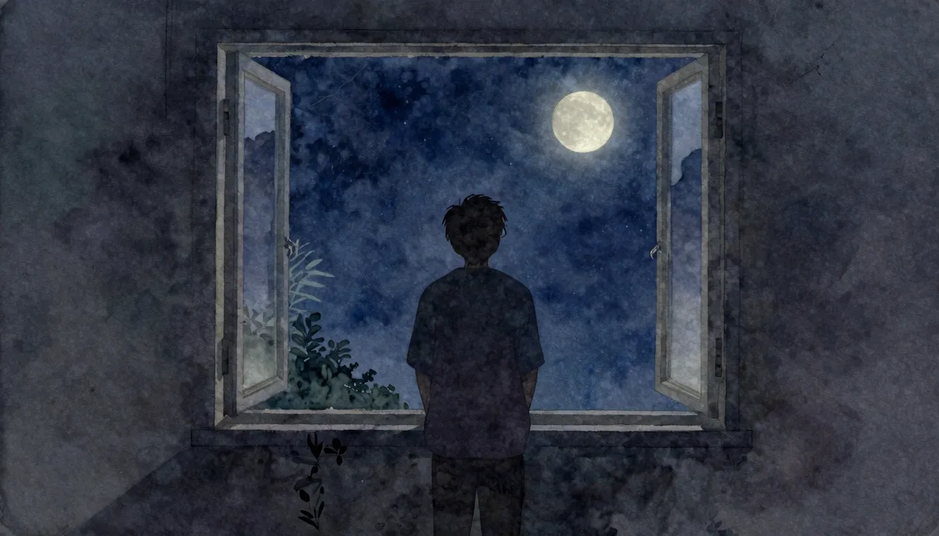 Watercolor style. Silhouette of a person standing by a windo...