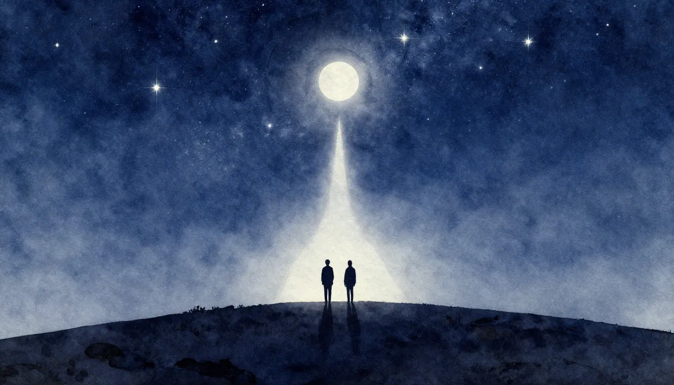 Watercolor style. Silhouettes of two figures standing on a h...