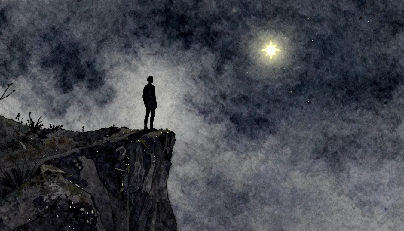 Watercolor style. A silhouette of a person standing on the e...