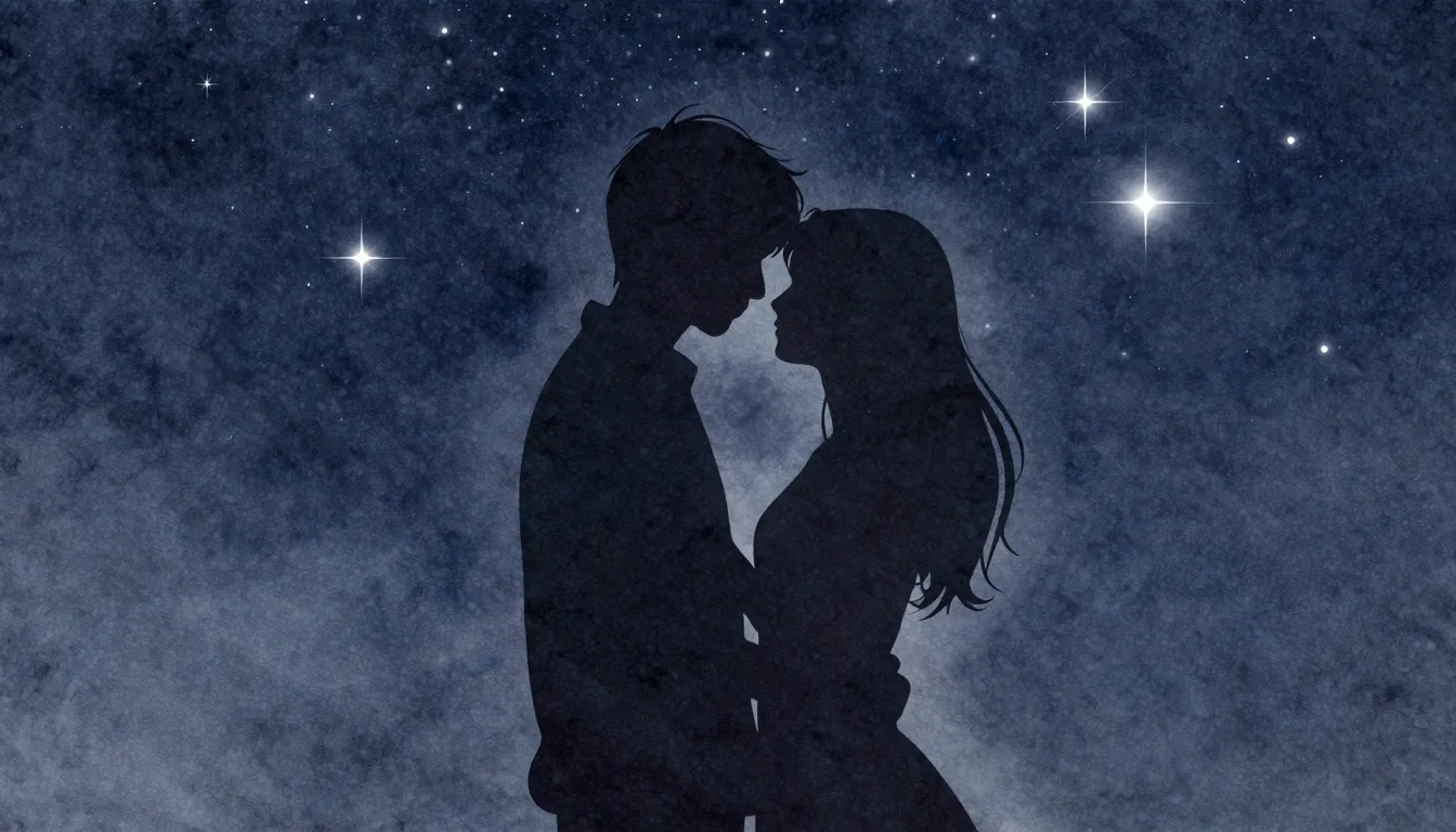 Watercolor style. Silhouette of a couple embracing against a...