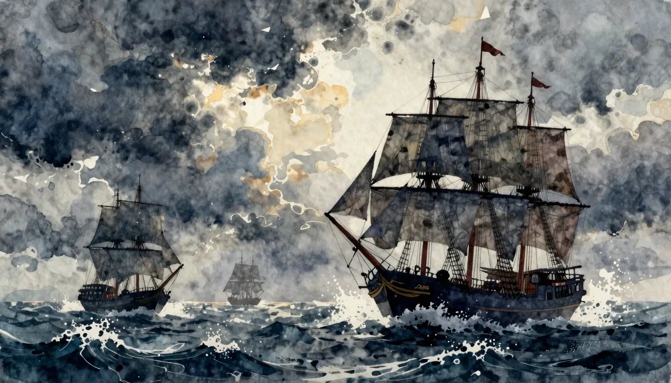 Watercolor style. Silhouettes of old sailing ships on a stor...