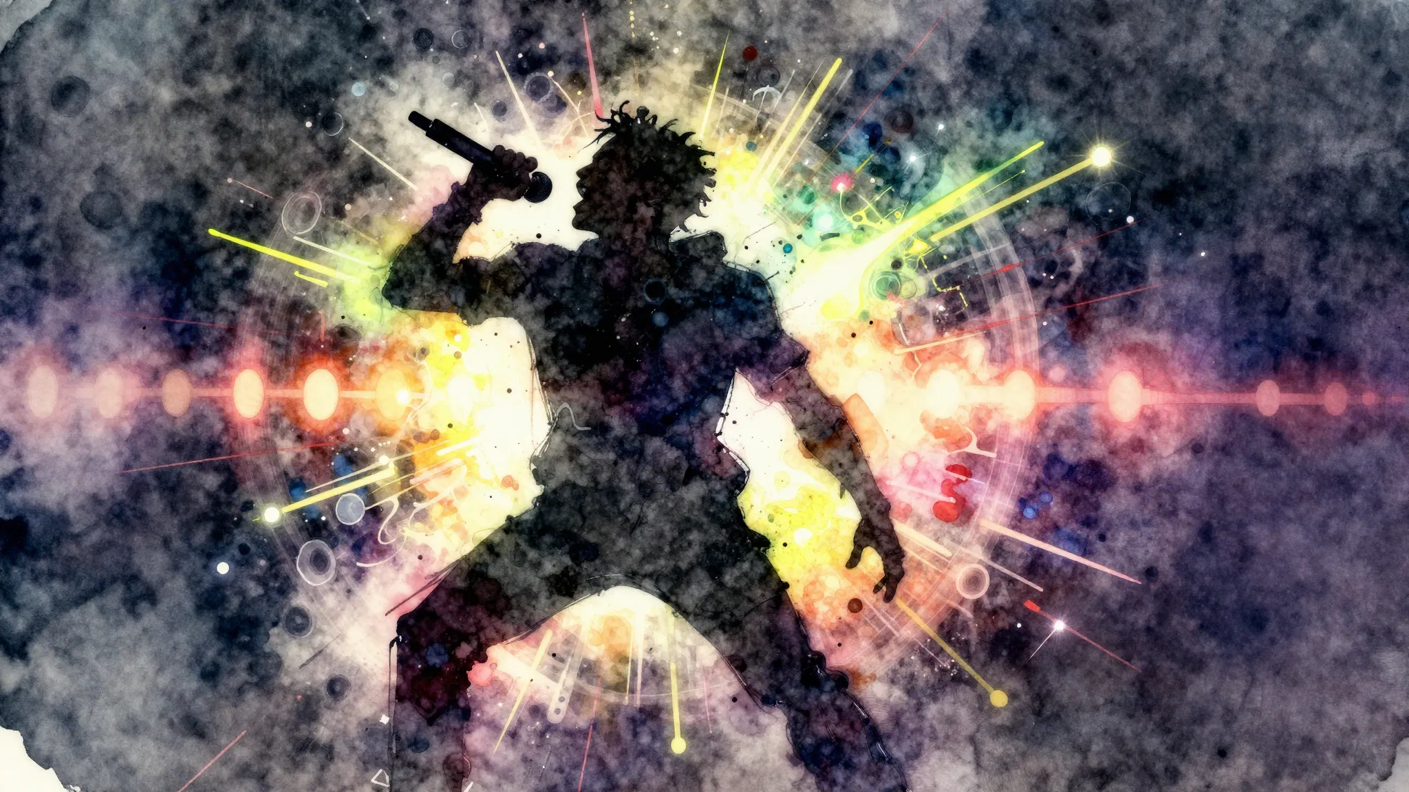 Vibrant watercolor style. Dynamic rap album cover. A powerfu...