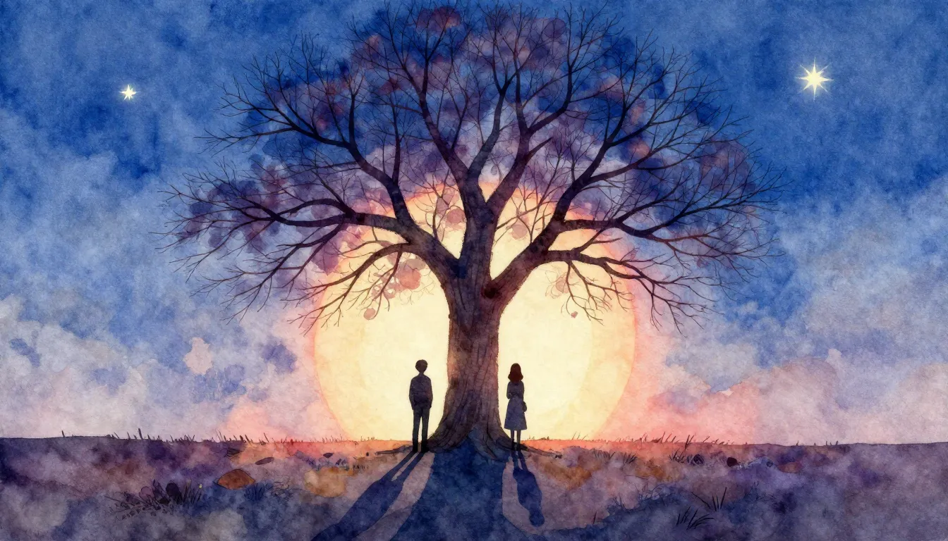Vibrant watercolor style. A ballad album cover. Two silhouet...