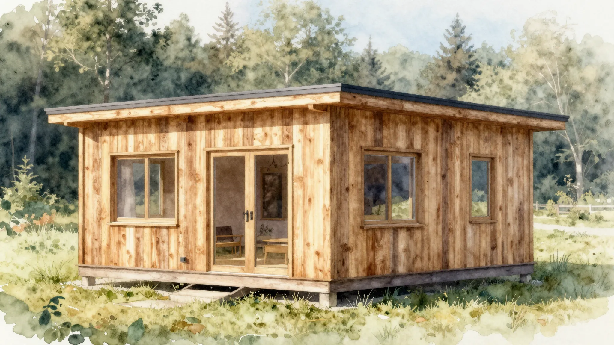 Watercolor style. Modern small wooden cottage 6x6, exterior ...