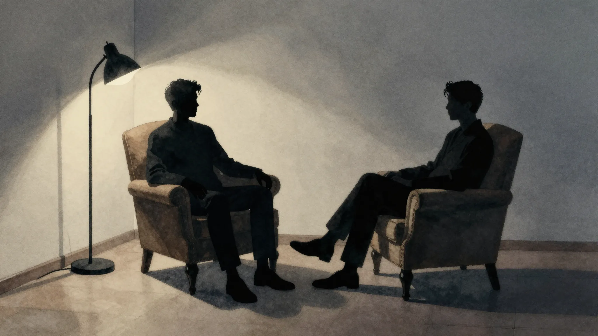 Watercolor style. A dark silhouette of a man sitting motionl...