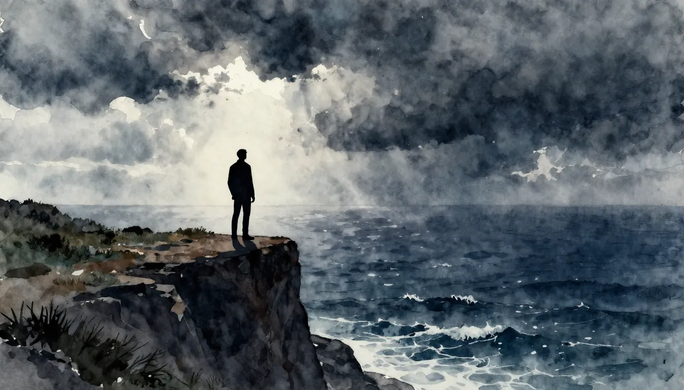 Watercolor style. A lone silhouette standing on a cliff edge...