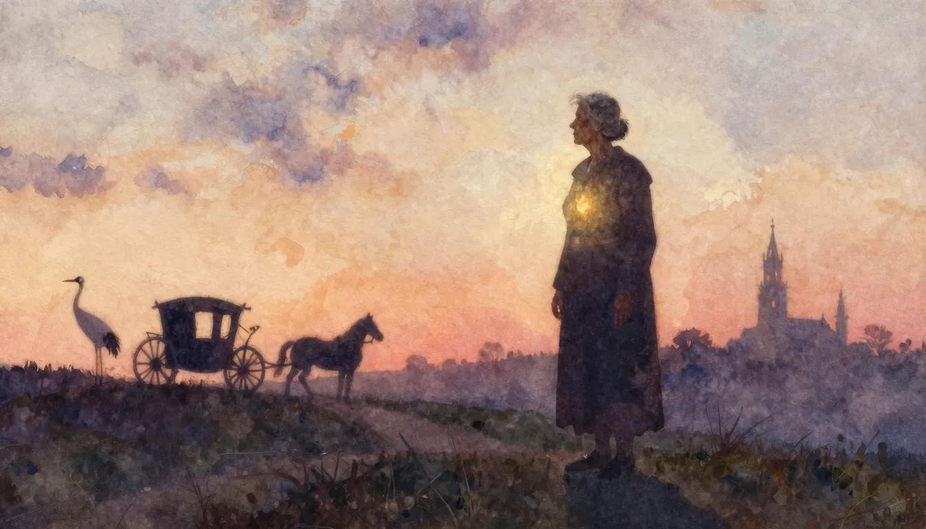 Watercolor style. An elderly woman's silhouette stands on a ...