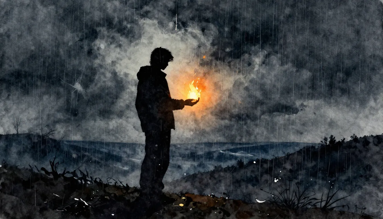 Watercolor style. A silhouette of a person standing on a hil...