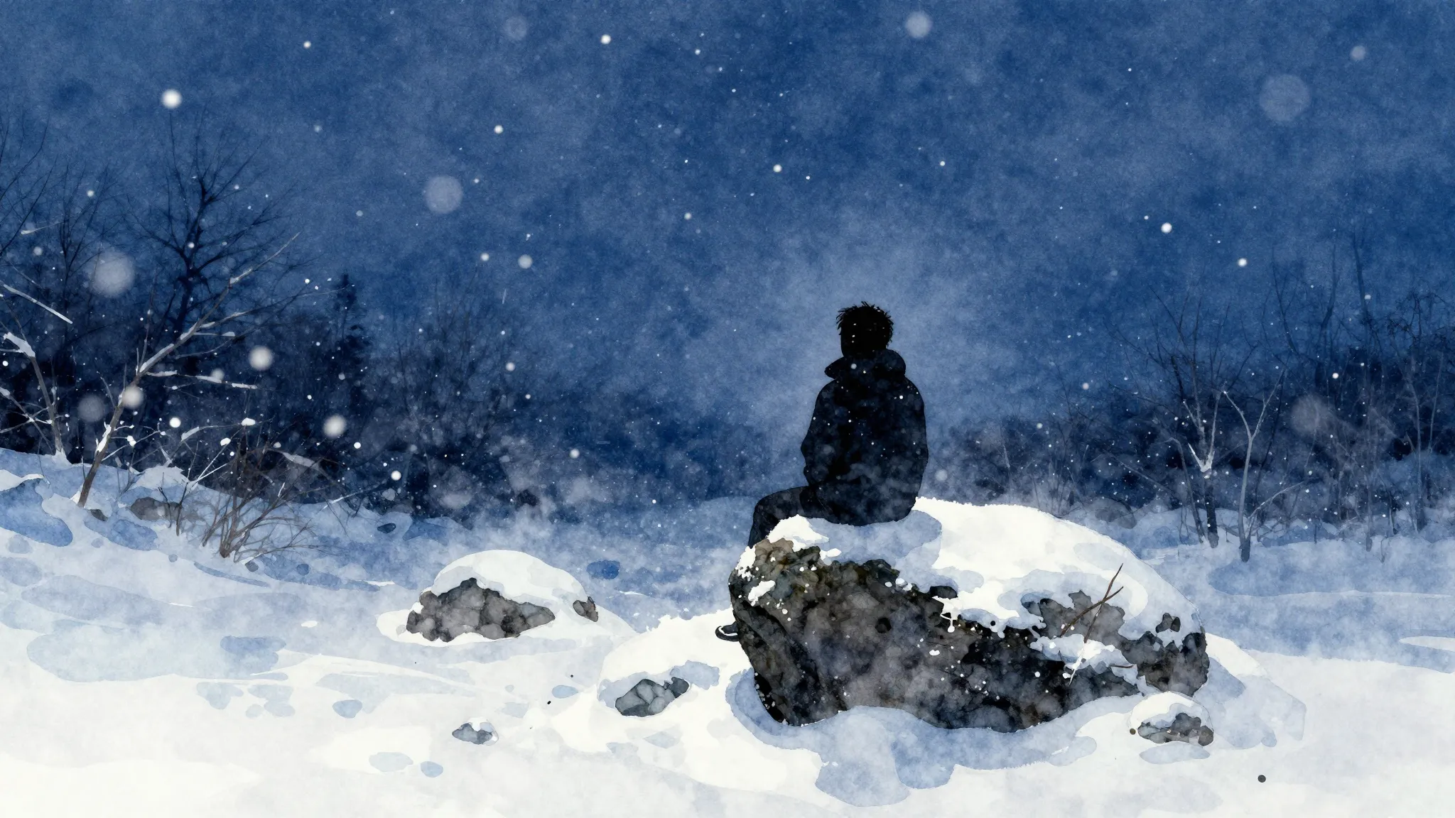 Vibrant watercolor style. Rock song cover art, snowy night, ...
