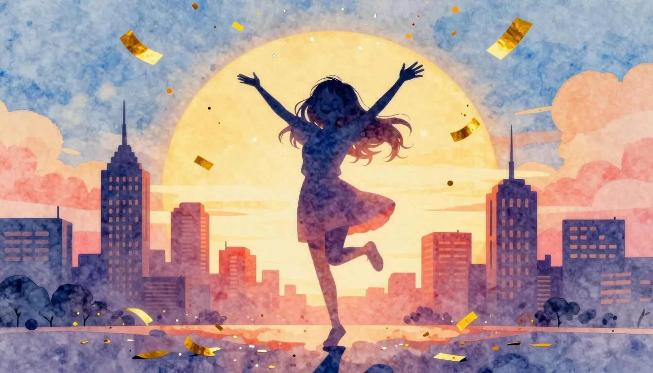 Watercolor style. Silhouette of a happy girl dancing under a...