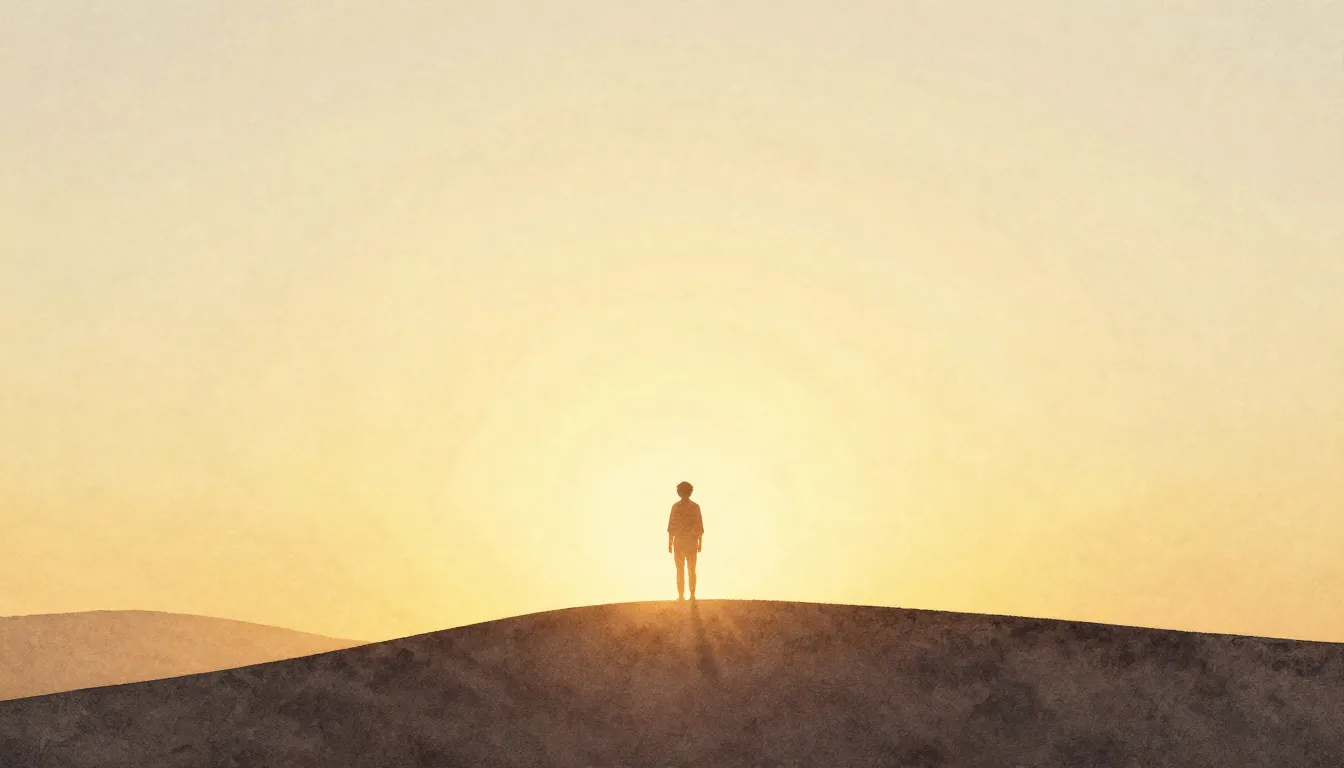 Watercolor style. Silhouette of a person standing on a hill ...