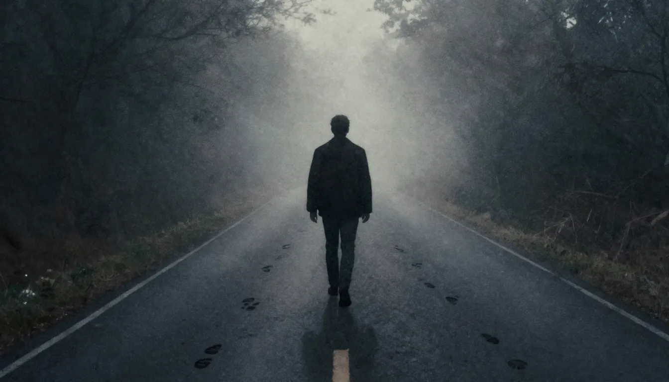 Watercolor style. A silhouette of a person walking away on a...