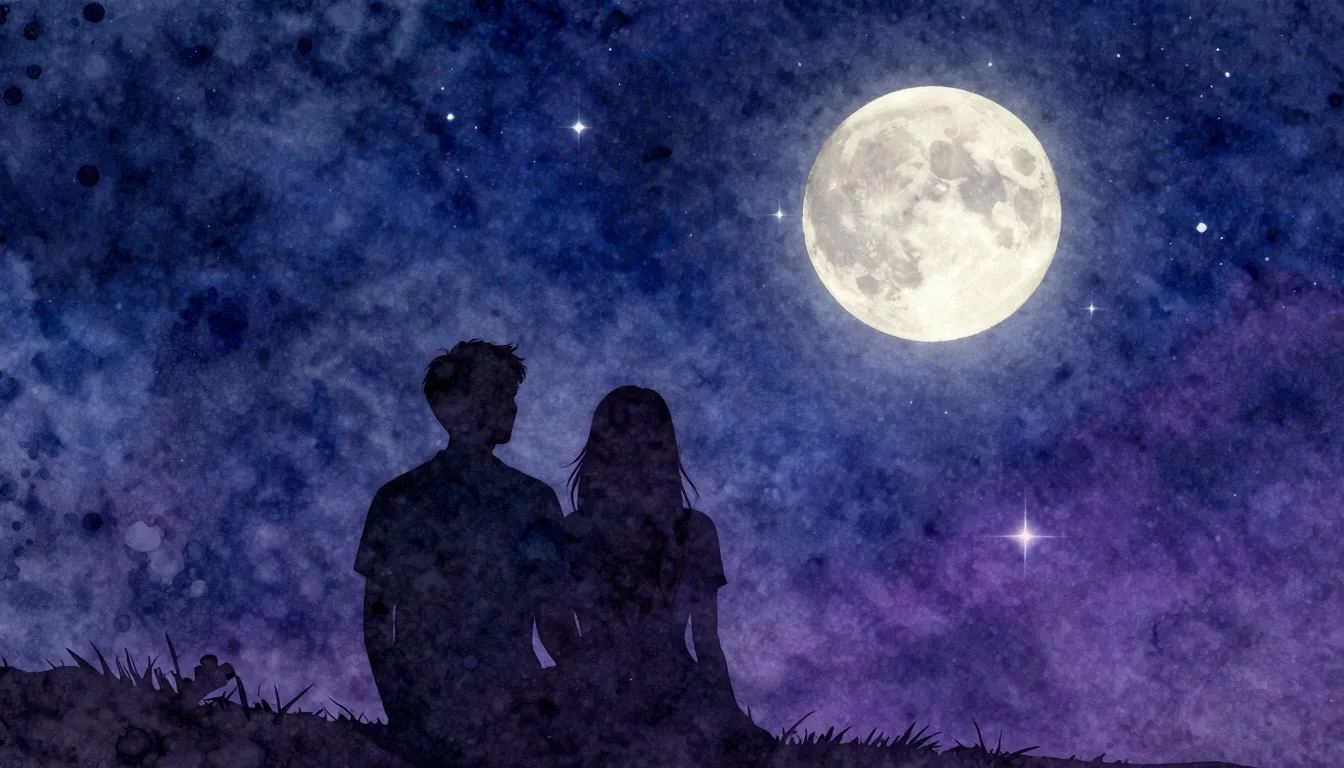 Watercolor style. Silhouette of a couple under a starry nigh...