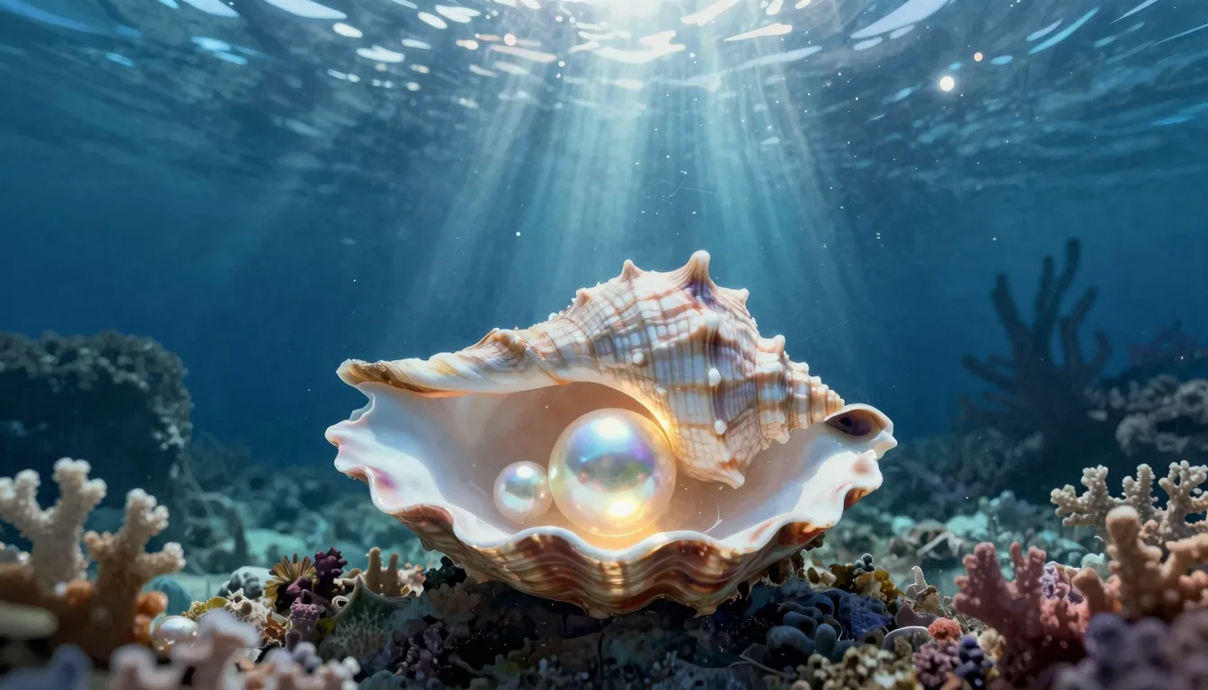 Watercolor style. A glowing pearl inside a majestic shell at...