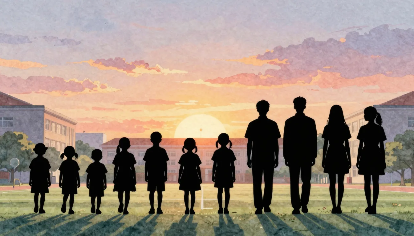 Watercolor style. Silhouettes of small children and tall stu...