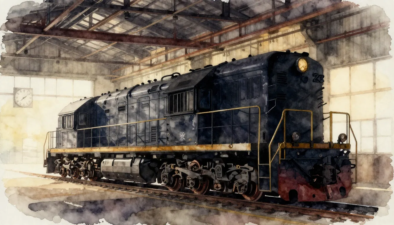 Watercolor style. Silhouette of a powerful locomotive inside...