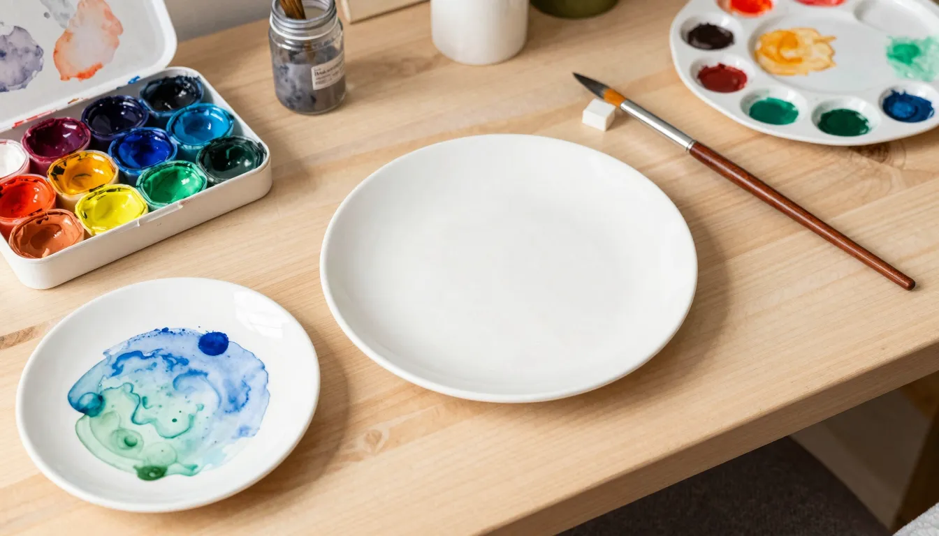 Watercolor style. A cozy creative studio table with ceramic ...