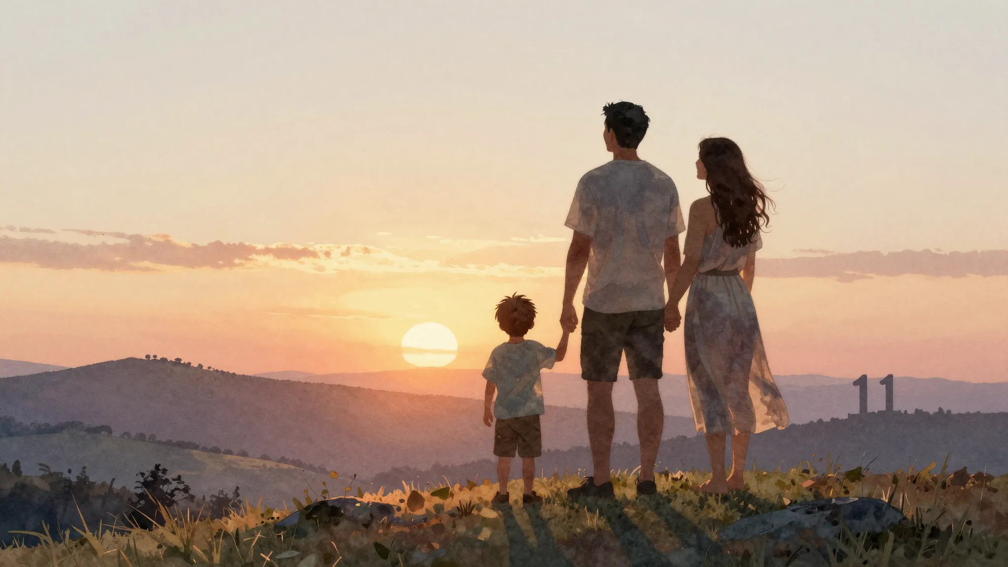 Watercolor style. A silhouette of a happy family, a man, a w...